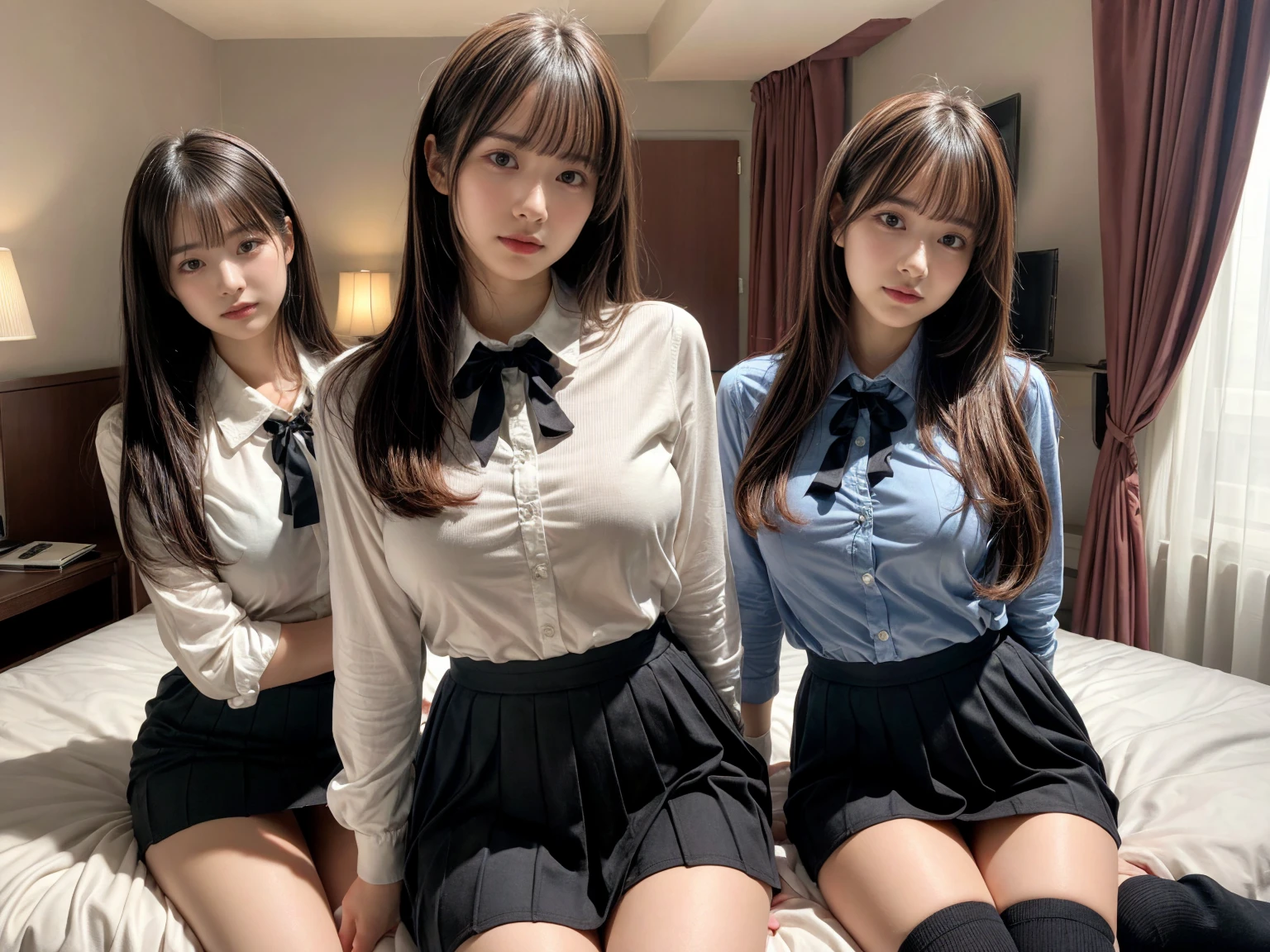masterpiece, best quality, illustration, Super detailed, fine details, High resolution, 8K,wall paper, perfect dynamic composition,(Details High quality, realistic depiction of eyes:1.3), (3 girls), (collared shirt:1.1), pleated skirt, knee high socks, sitting, open legs, short bob hair, in a hotel room in the background, deep on field, large breasts, black hair color, Big Natural Color Lip, (perfect body shape), crying a little、Harajuku style、20 year old girl、cute type、beautiful legs, Gravure Idol