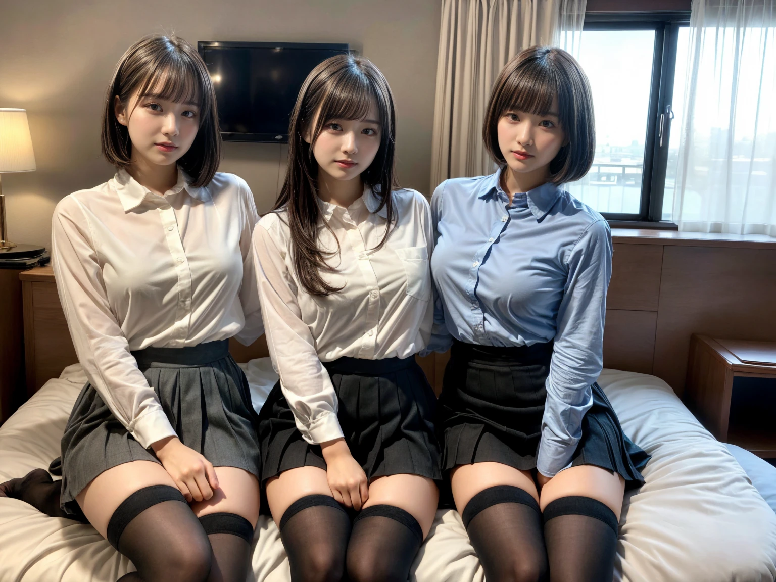 masterpiece, best quality, illustration, Super detailed, fine details, High resolution, 8K,wall paper, perfect dynamic composition,(Details High quality, realistic depiction of eyes:1.3), (3 girls), (collared shirt:1.1), pleated skirt, knee high socks, sitting, open legs, short bob hair, in a hotel room in the background, deep on field, large breasts, black hair color, Big Natural Color Lip, (perfect body shape), crying a little、Harajuku style、20 year old girl、cute type、beautiful legs, Gravure Idol