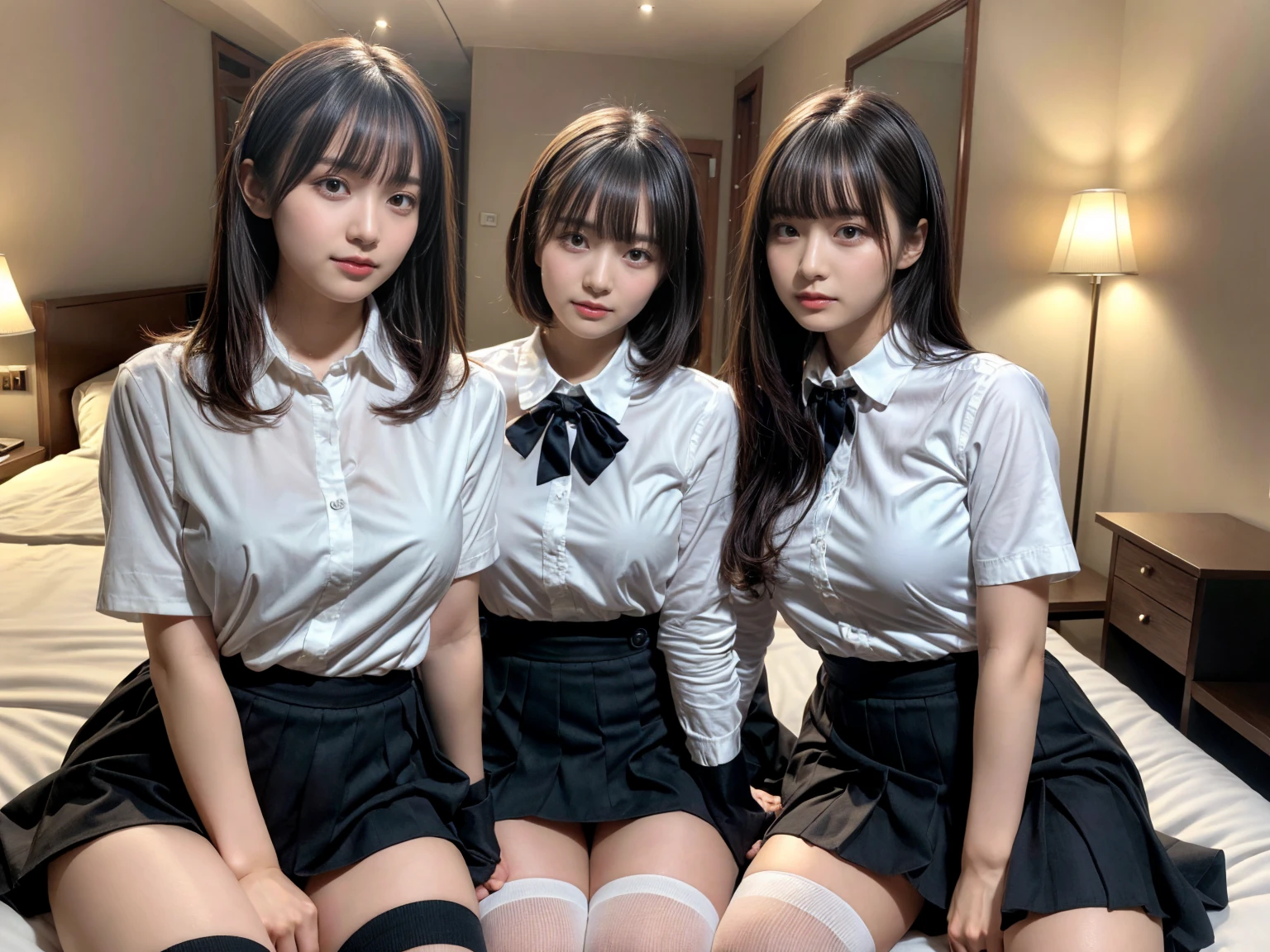 masterpiece, best quality, illustration, Super detailed, fine details, High resolution, 8K,wall paper, perfect dynamic composition,(Details High quality, realistic depiction of eyes:1.3), (3 girls), (collared shirt:1.1), pleated skirt, knee high socks, sitting, open legs, short bob hair, in a hotel room in the background, deep on field, large breasts, black hair color, Big Natural Color Lip, (perfect body shape), crying a little、Harajuku style、20 year old girl、cute type、beautiful legs, Gravure Idol