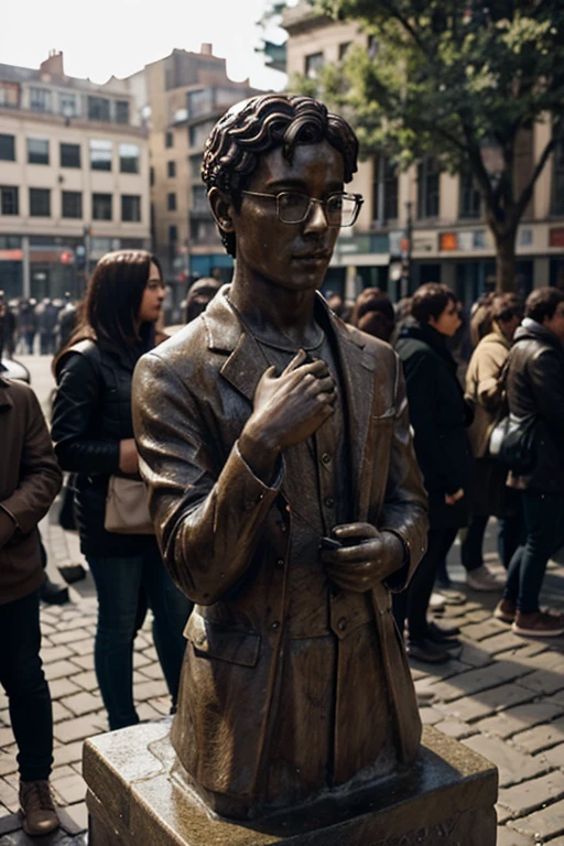 STONE STATUE OF A YOUNG MAN WITH GLASSES PLACED IN A CENTRAL SQUARE FULL OF PEOPLE SEEN FROM A FAR