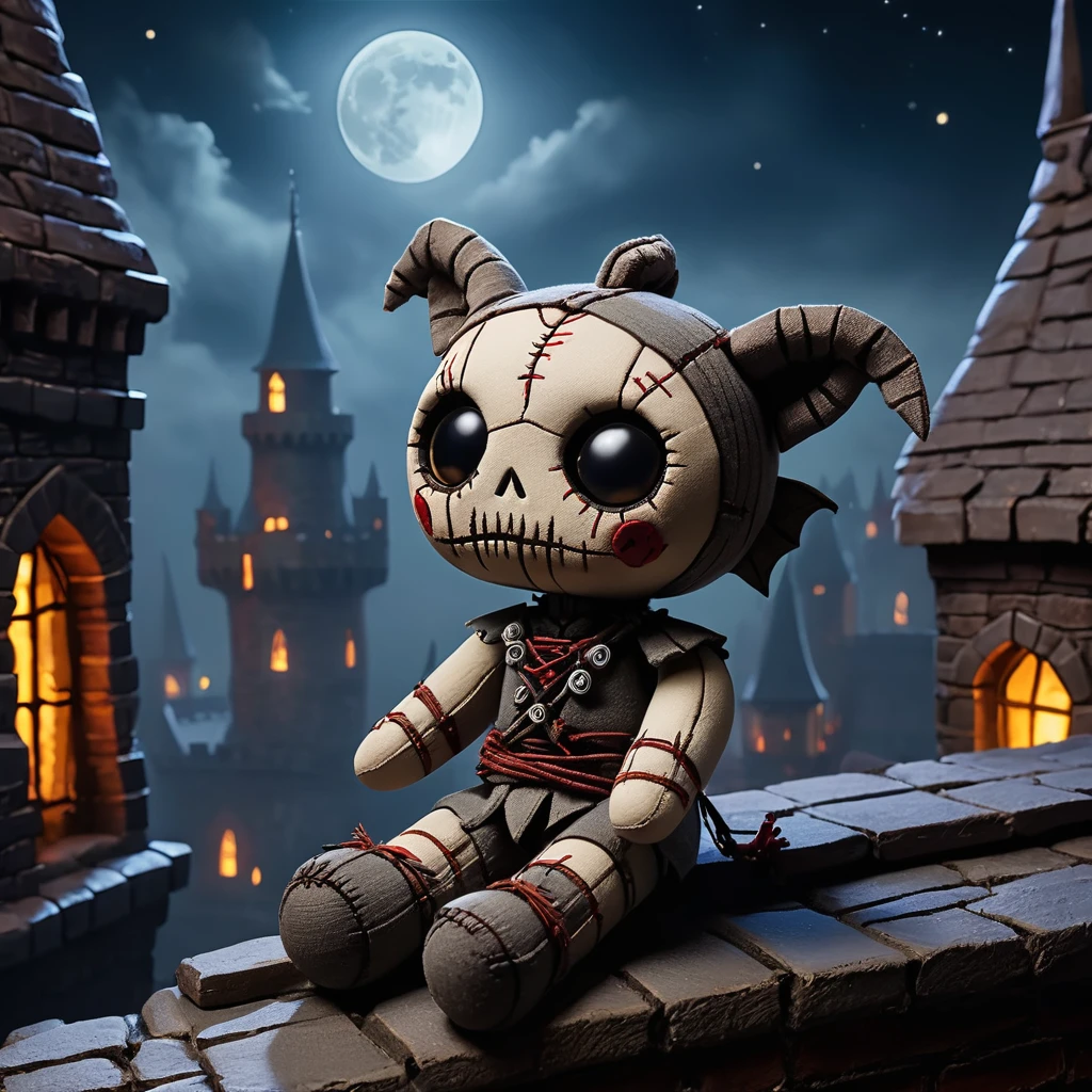 (knitted toy voodoo doll:1.7)
(Voodoo on the rooftop of an old castle with animated gargoyles and moonlight:1.5)
(Clothing: tattered medieval attire with glowing stone patterns:1.0)
(Accessories: miniature floating gargoyles, tiny glowing moonbeams, small enchanted battlements:1.2)
(background: ancient, weathered castle rooftop with flickering light from the full moon, shadows of towering spires, and an ethereal mist wrapping around the eerie, magical atmosphere:1.2), best quality, masterpiece, detailed soft oil painting, detailed background, dramatic cinematic lighting, soft edge lighting, professional, dramatic lighting, hard edge lighting, ultra quality, 4k, masterpiece, best quality, 8k, ultra high definition, high resolution, extremely detailed
