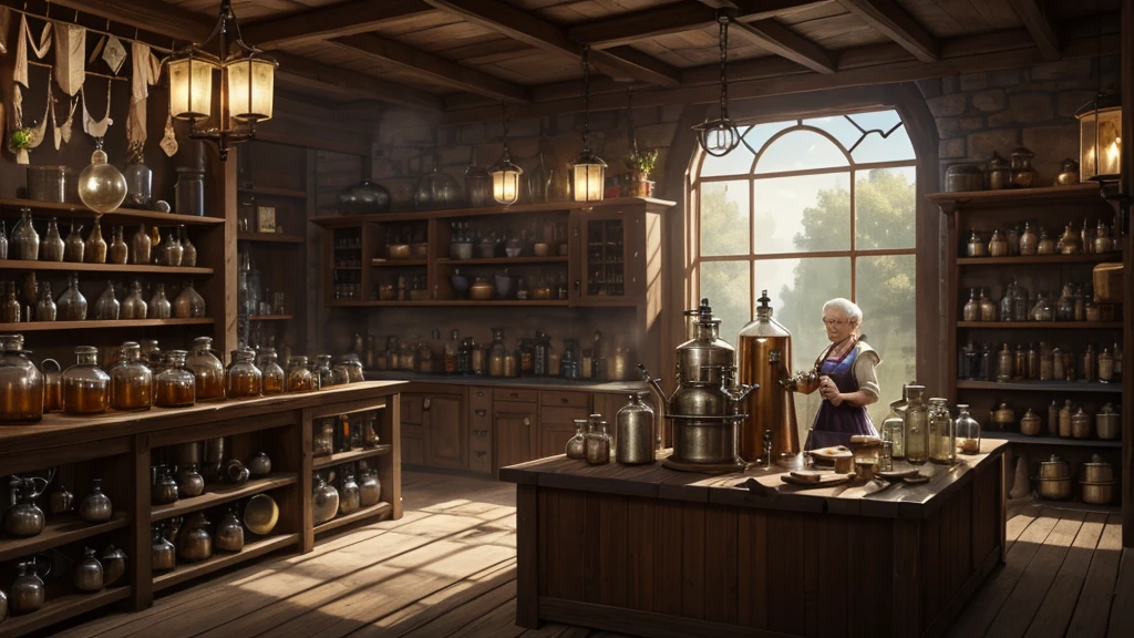 scene where old woman brewing the potion in her alchemist shop, There is a lot of herbs hanging from the ceiling, next to her is large tank for brewing and some metal pipes, stove for alchemy, tinkering, dirty leather clothes and thick leather apron, a lot of flasks and jars, gloomy mood