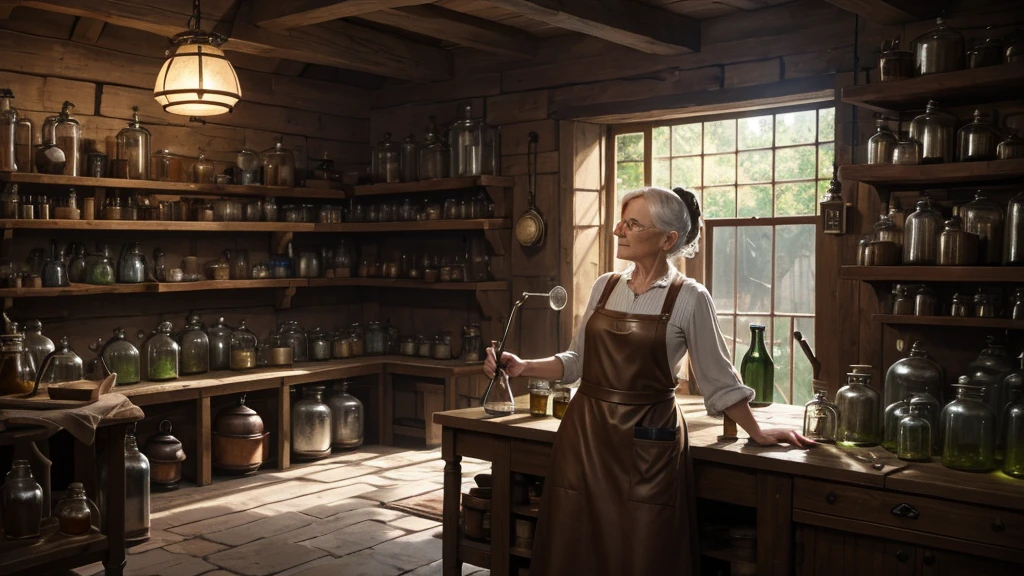 scene where old woman brewing the potion in her alchemist shop, There is a lot of herbs hanging from the ceiling, next to her is large tank for brewing and some metal pipes, stove for alchemy, tinkering, dirty leather clothes and thick leather apron, a lot of flasks and jars, gloomy mood