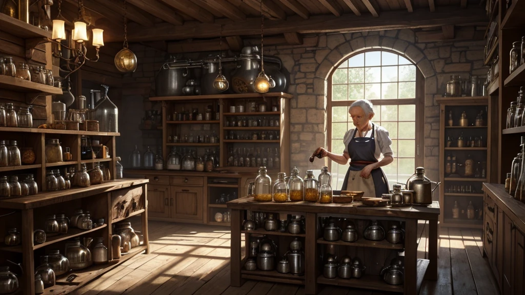 scene where old woman brewing the potion in her alchemist shop, There is a lot of herbs hanging from the ceiling, next to her is large tank for brewing and some metal pipes, stove for alchemy, tinkering, dirty leather clothes and thick leather apron, a lot of flasks and jars, gloomy mood