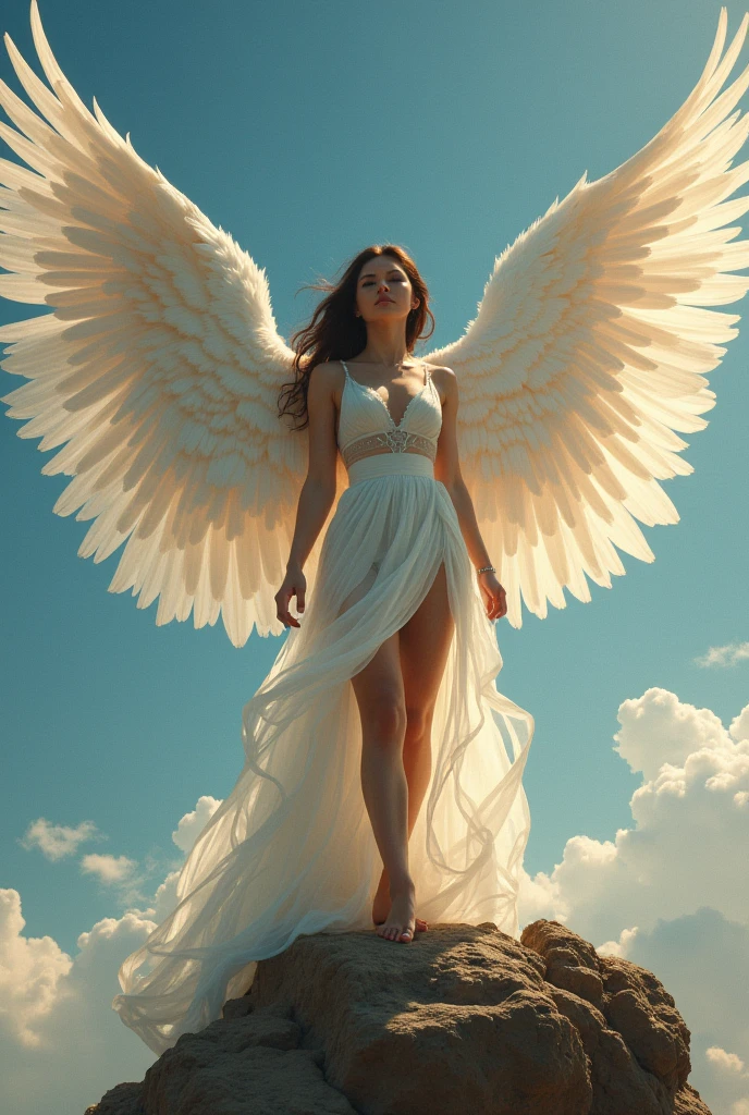 a sexy woman with angel wings posing on a rock, sexy painting of gal gadot, super wide angel, angelic wings on her back, full - body majestic angel, beautiful female angel, wide angel, epic angel wings, wide angel shot, giant stunning goddess shot, big angel wings wide open, beautiful angel, massive angel wings, gal gadot as hell lord