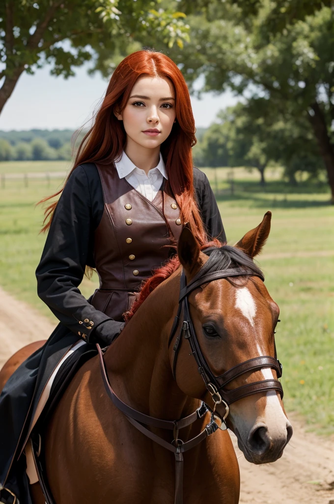 Girl with red hair on a horse