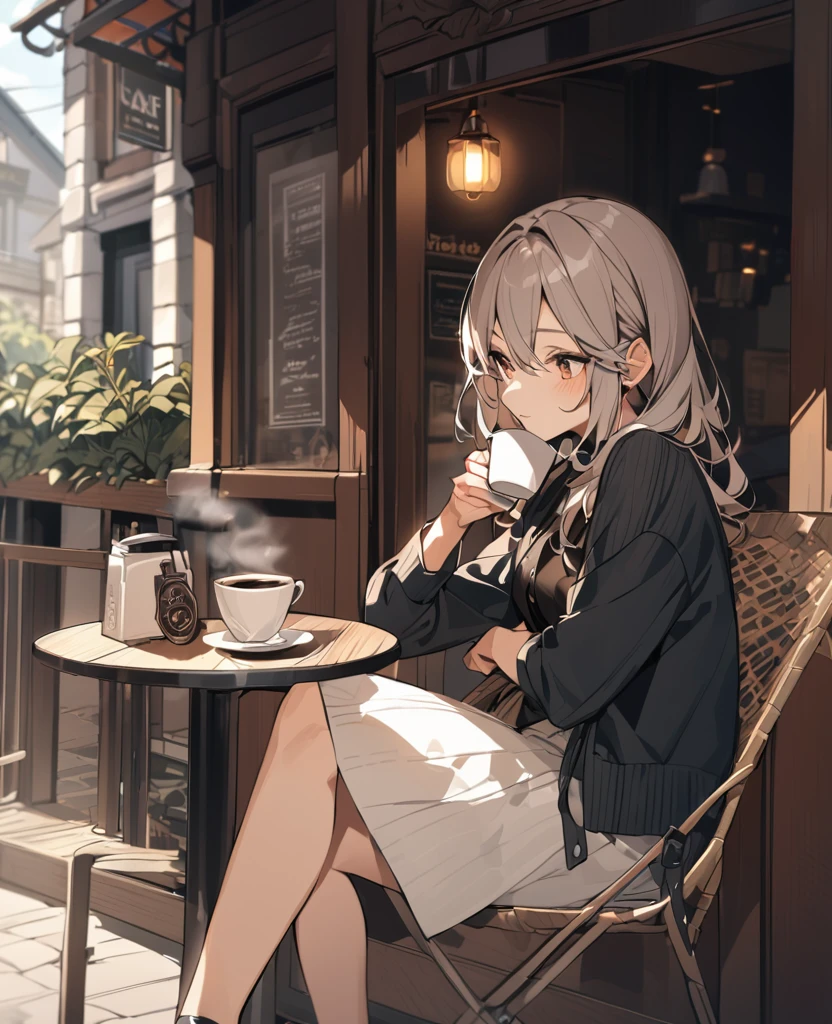 A woman sitting on a chair drinking coffee at a roadside cafe terrace