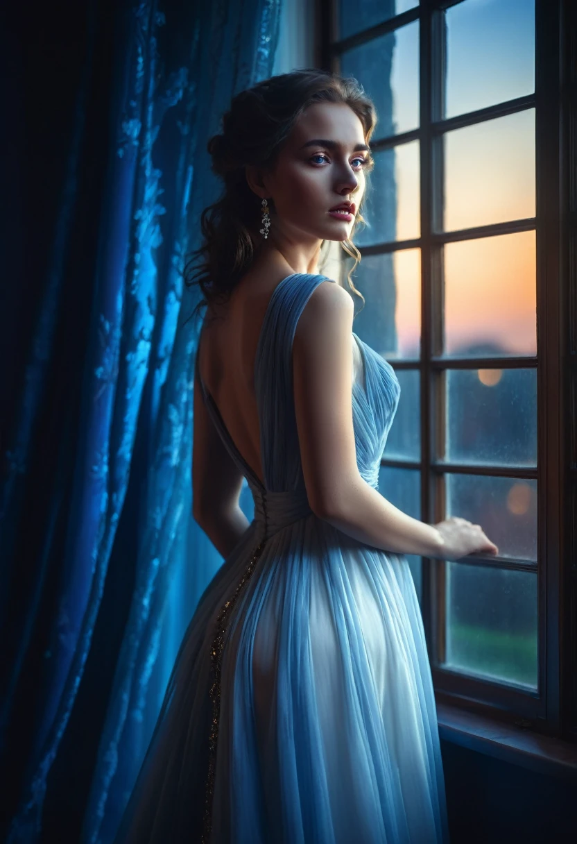 arafed woman in a dress standing in front of a window, a picture by Marie Bashkirtseff, shutterstock, romanticism, half-turned lady in evening gown, flowing gown, wearing a flowing dress, mysterious woman, haunting beautiful young woman, wearing a white flowing dress, flowing dress, woman in dress, extremely moody blue lighting, miss aniela