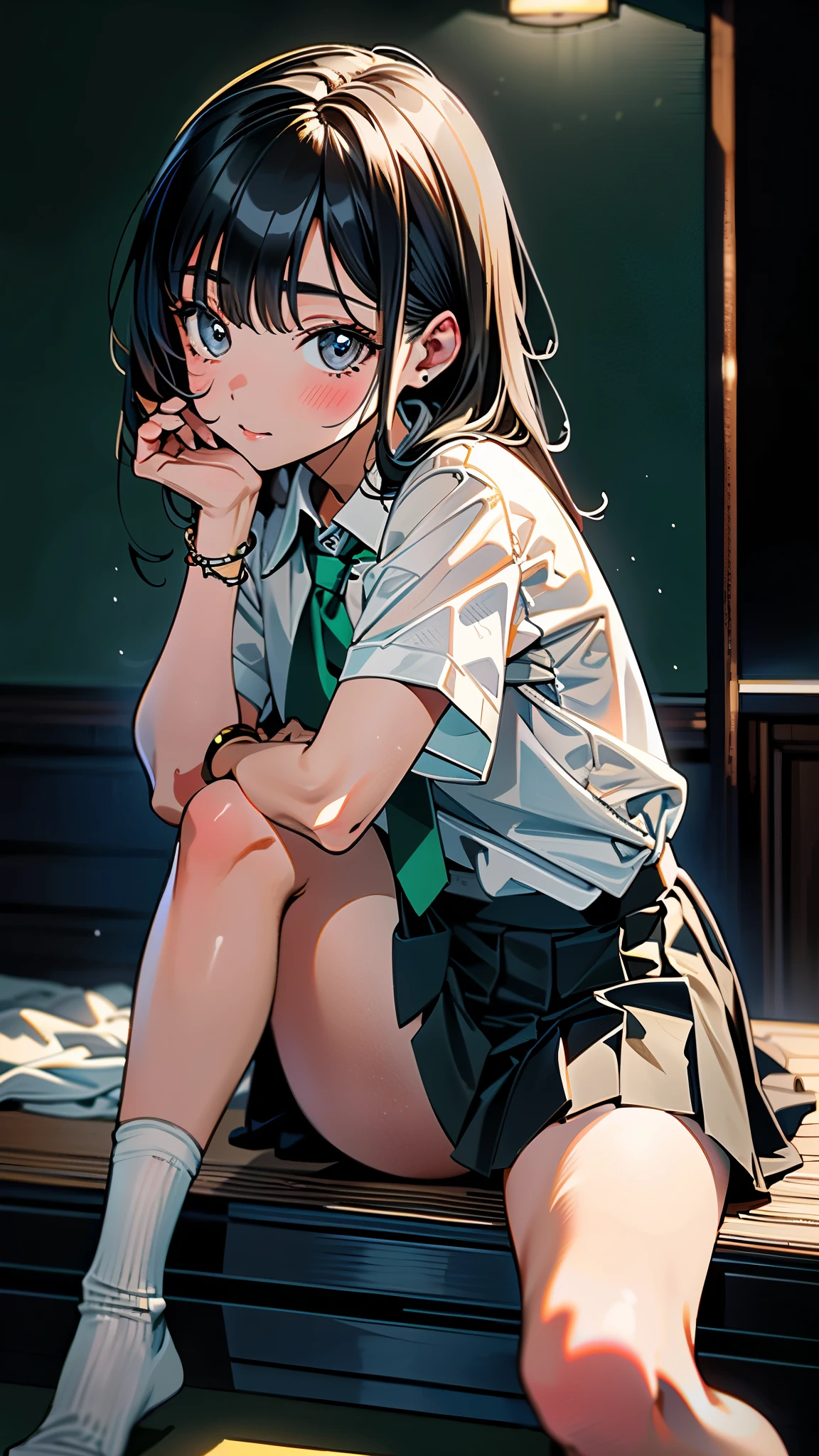 (8k, RAW Photos, 最high quality, masterpiece:1.2), high qualityのRAWカラー写真, Professional photo shoot, Cinematic Light, night、Late night、alone, (((young woman, Gal))), (Sharp features), (Small face), (Skin with attention to detail:1.2), clavicle, Cute Face, Beautiful appearance, Long eyelashes,Girl Turning Around, smile, (Black Hair, Long straight line), high school student, Green tie, Navy knit vest、, White shirt,Roll up your sleeves、bracelet ((Mini Pleated Skirt)), bedroom, Embarrassing, sad, Artistic painting,Attractive thighs, White socks、(Very nice touch:1.2), (Watery eye), sad雰囲気, Oil painting style, Dark colors, (No shoes )(((Pay attention to the butt))), Smooth texture, Gazing Eyes, Beautiful Skin, Glowing Skin, ((Perfect Fingers, Five Fingers, Anatomically correct)), Background Blur, high quality, Surreal, ((Very detailed, photo shoot)),,View from below、blush、、Embarrassing、Full Body Shot、Embarrassing、blush、Put your hands on the ground、(Show your viewers your sexy panties),((Sit with your right knee upright))