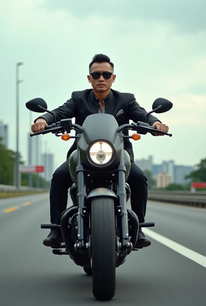 A 40 year old Indonesian man with short undercut hair wearing reyban sunglasses is riding the most expensive big motorbike with a highway background, photo facing forward. UHD 16K super focus realistic original photo.