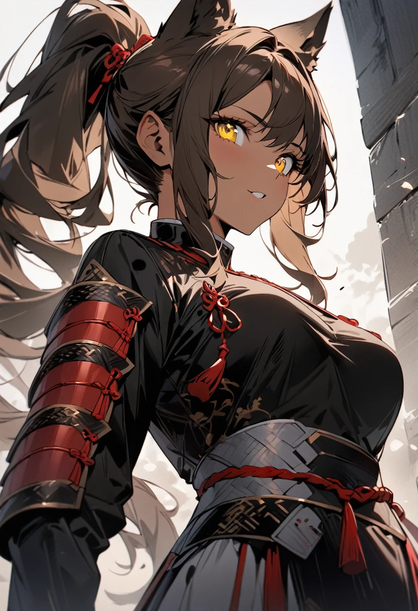 ((best quality)), ((Masterpiece)), (details), Young woman, Medium bust, brown hair, yellow eyes, ((long hair, ponytail)), handsome face, wolf ears, (Tanned skin:1.3) , beautiful bridge, (Ink stains) beautiful portrait, Clothing ink style, Traditional Chinese Armor, Bismuth squid, from below, Masterpiece, detailsสูง