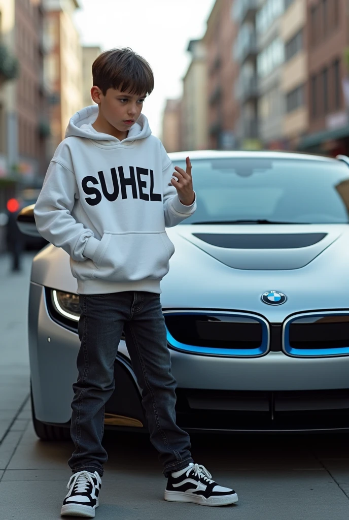 A boy he is shitting on BMW i8 car
He is clothing a black jeans and white hoodie and black and white air sneakers
On hoodie write SUHEL