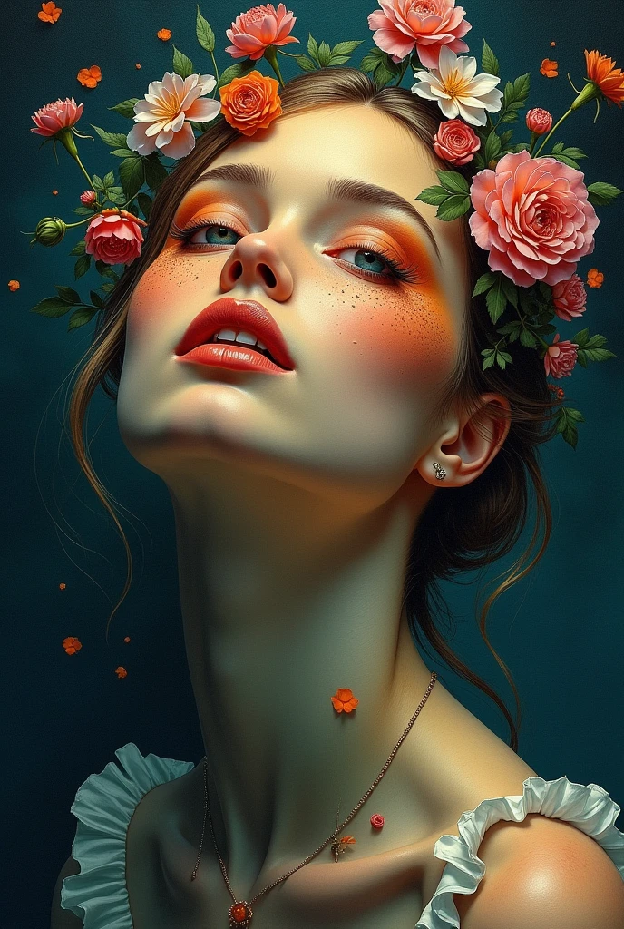 I am the last surrealist painting that exists on this planet, the last work of art that represents a beautiful woman full of hope wrapped in an unreal world full of strange things., The message I want to leave is that art once existed , real very real , 24k unique piece rule of thirds cinema lighting finishes like photoshop and colors of a work of art great depth of field difference of 3d planes