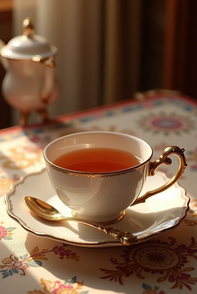 "A luxurious tea spoon and a delicate tea cup as the main focus, set in an elegant and aristocratic scene. The tea spoon, with its ornate and intricate handle, complements the finely crafted tea cup. The tea cup is filled with a rich, aromatic tea, its surface gently rippling. Both are placed on a beautifully embroidered tablecloth, bathed in soft, warm light. The entire scene exudes sophistication, with the tea cup and spoon seamlessly integrated into the high-class, timeless atmosphere.