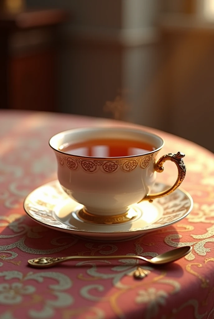 "A luxurious tea spoon and a delicate tea cup as the main focus, set in an elegant and aristocratic scene. The tea spoon, with its ornate and intricate handle, complements the finely crafted tea cup. The tea cup is filled with a rich, aromatic tea, its surface gently rippling. Both are placed on a beautifully embroidered tablecloth, bathed in soft, warm light. The entire scene exudes sophistication, with the tea cup and spoon seamlessly integrated into the high-class, timeless atmosphere.
