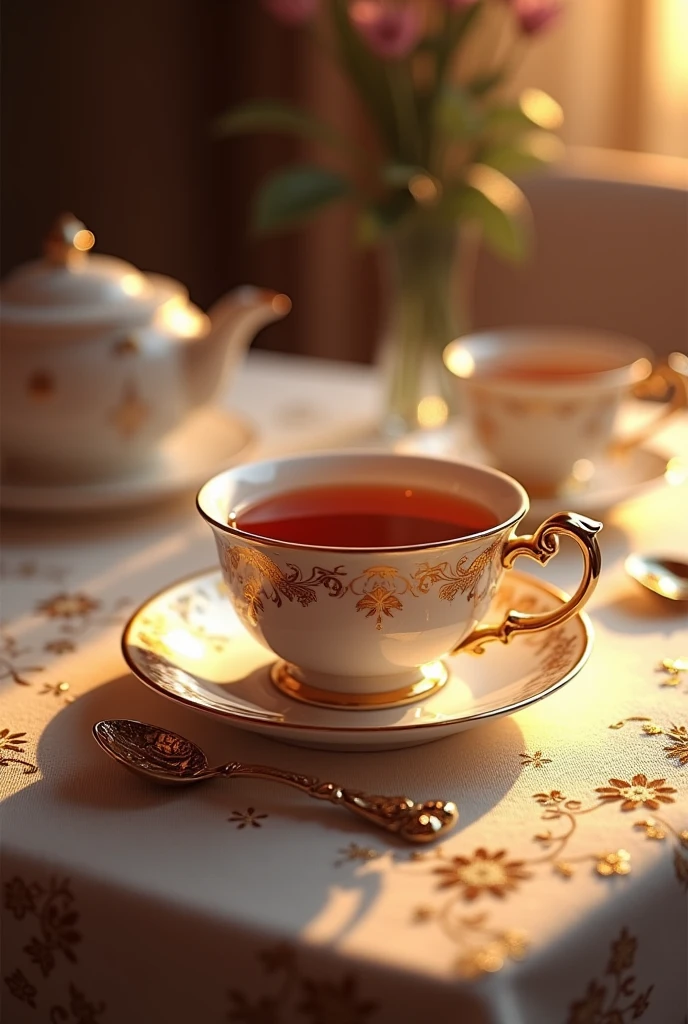 "A luxurious tea spoon and a delicate tea cup as the main focus, set in an elegant and aristocratic scene. The tea spoon, with its ornate and intricate handle, complements the finely crafted tea cup. The tea cup is filled with a rich, aromatic tea, its surface gently rippling. Both are placed on a beautifully embroidered tablecloth, bathed in soft, warm light. The entire scene exudes sophistication, with the tea cup and spoon seamlessly integrated into the high-class, timeless atmosphere.