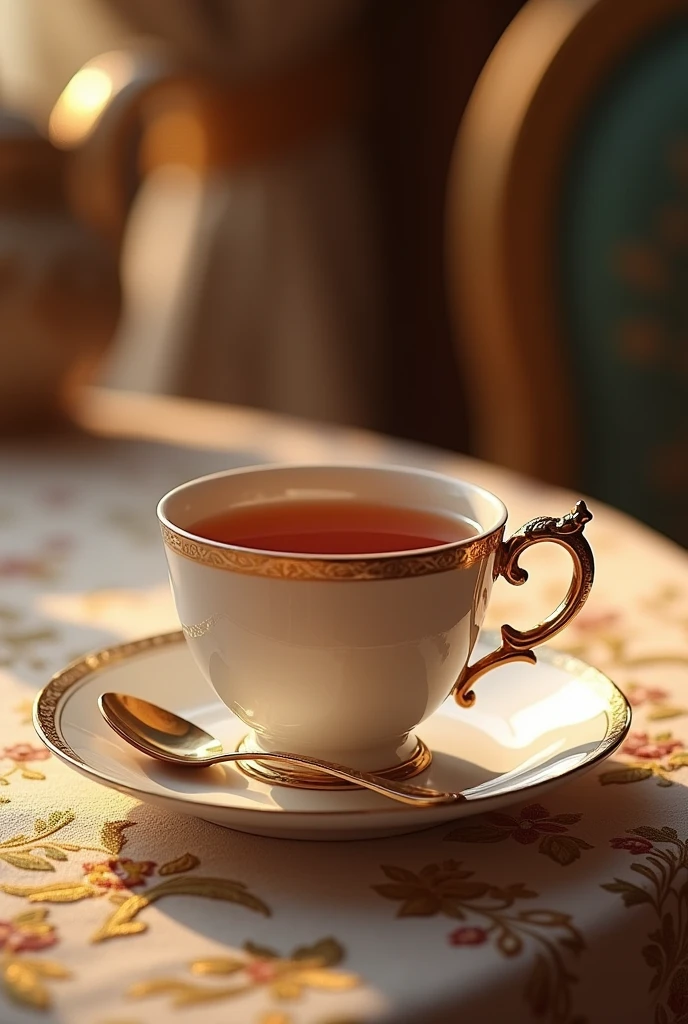 "A luxurious tea spoon and a delicate tea cup as the main focus, set in an elegant and aristocratic scene. The tea spoon, with its ornate and intricate handle, complements the finely crafted tea cup. The tea cup is filled with a rich, aromatic tea, its surface gently rippling. Both are placed on a beautifully embroidered tablecloth, bathed in soft, warm light. The entire scene exudes sophistication, with the tea cup and spoon seamlessly integrated into the high-class, timeless atmosphere.