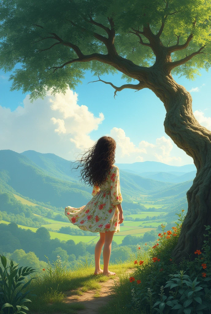 a brunette girl, with long curly hair, its length is up to the butt, she is under a giant tree. The tree is on the highest mountain above the clouds almost in the sky, the view is stunning both of the landscape and the girl's beautiful body, your hair moves in the gentle breeze and the sun shines on it, She is dressed in a knee-length skirt and a brightly colored flowered peasant shirt., Although she is short, she has a sexy body, she admires the green fields