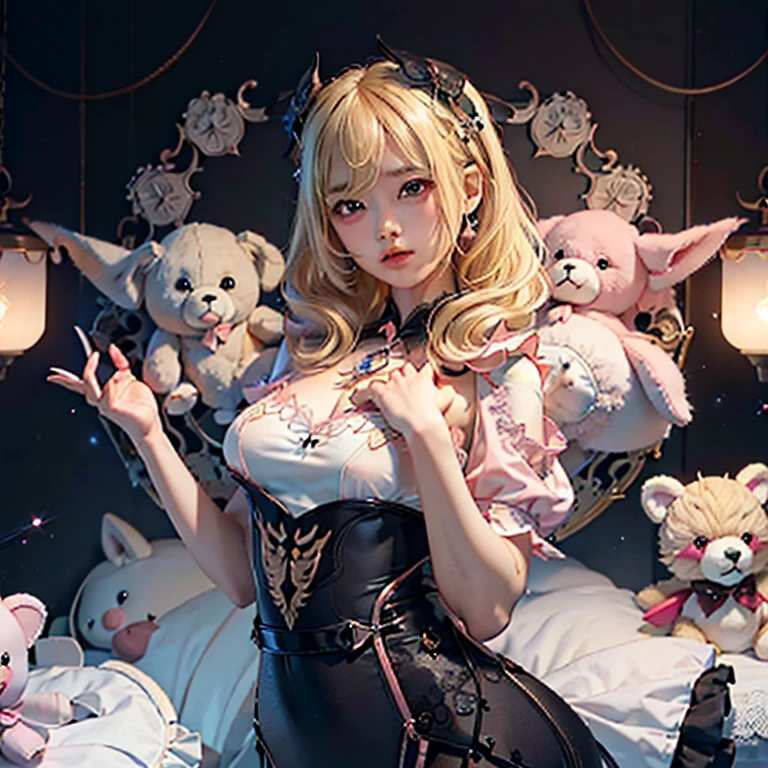 ((highest quality)),(超A high resolution),(Very detailed),(Detailed Description),((The best CG)),(masterpiece),Very detailedなアート、Whitening 1.5、(((Whitening 1.5)))、(((Small breasts 1.2)))、(((Pink and black lace dress 1.5)))、hair ornaments、Twin-tailed hairstyle 1.0、Glitter Necklace、Ultimate Beauty 1.5、(((Blonde 1.5)))、Gentle smile 1.2、(((Surrounded by countless stuffed animals 1.5)))