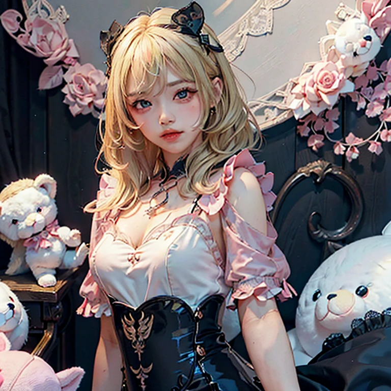 ((highest quality)),(超A high resolution),(Very detailed),(Detailed Description),((The best CG)),(masterpiece),Very detailedなアート、Whitening 1.5、(((Whitening 1.mall breasts 1((Pink and black lace dress 1.5)))、hair ornaments、Twin-tailed hairstyle 1.0、Glitter Necklace、Ultimate Beauty 1.5、(((Blonde 1.5)))、Gentle smile 1.2、(((Surrounded ntless stuffed animals 1.5)))