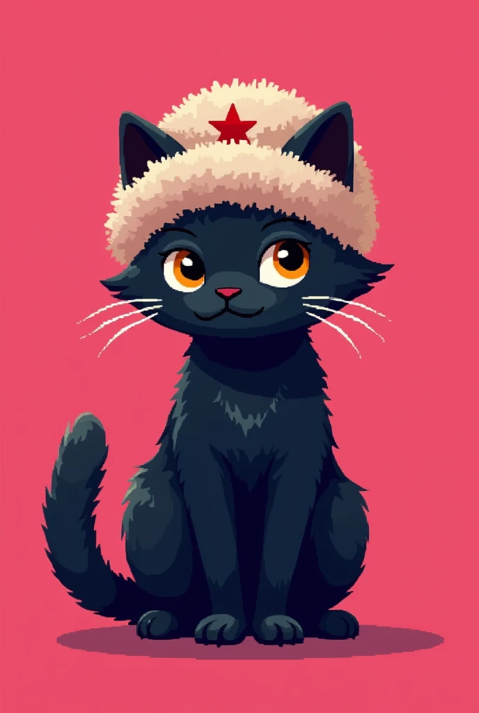 Make me a logo of a black cat wearing a Russian cap with a solid pink background in pixel art style