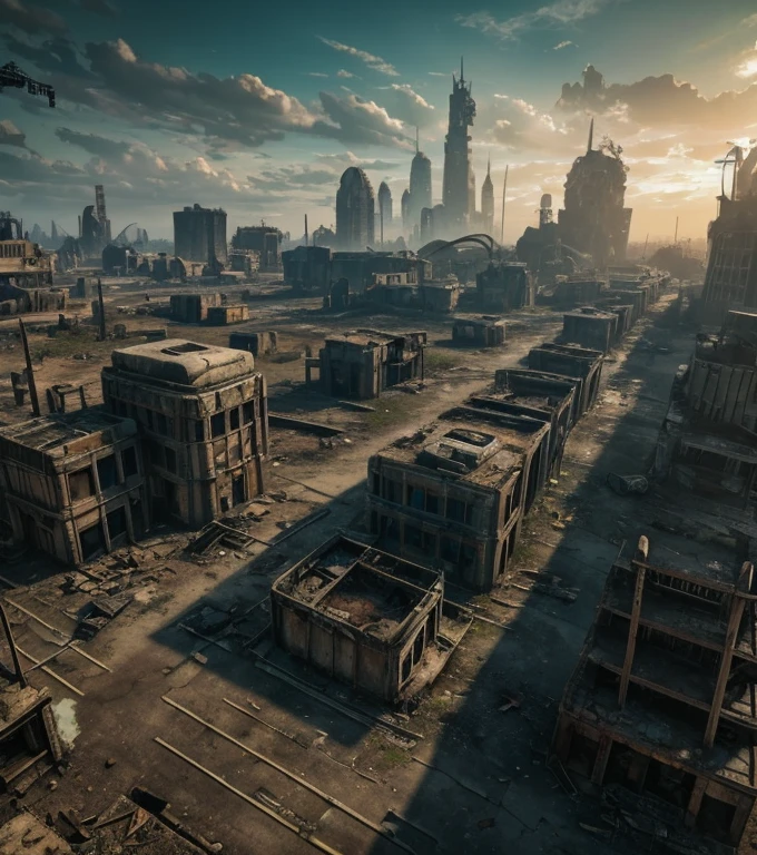 a ruined city in a post-apocalyptic landscape, Postapocalyptic, Based on the game "fallout 4", futuristic architecture, Crumbling buildings, overgrown with nature, abandoned, dystopian, cinematic lighting, dramatic lighting, vibrant atmosphere, clear sky, detailed, intricate, masterpiece, 8k, photorealistic