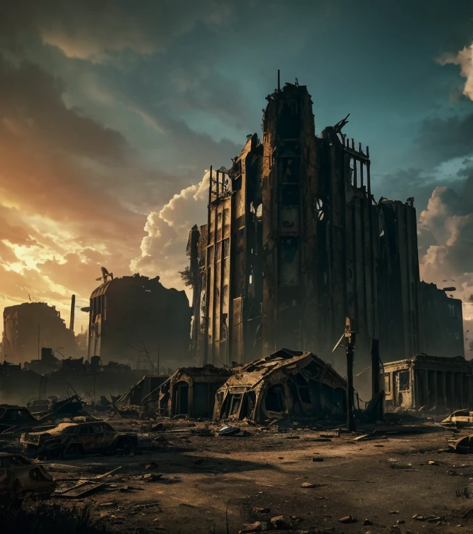 a ruined city in a post-apocalyptic landscape, Postapocalyptic, Based on the game "fallout 4", futuristic architecture, Crumbling buildings, overgrown with nature, abandoned, dystopian, cinematic lighting, dramatic lighting, vibrant atmosphere, clear sky, detailed, intricate, masterpiece, 8k, photorealistic
