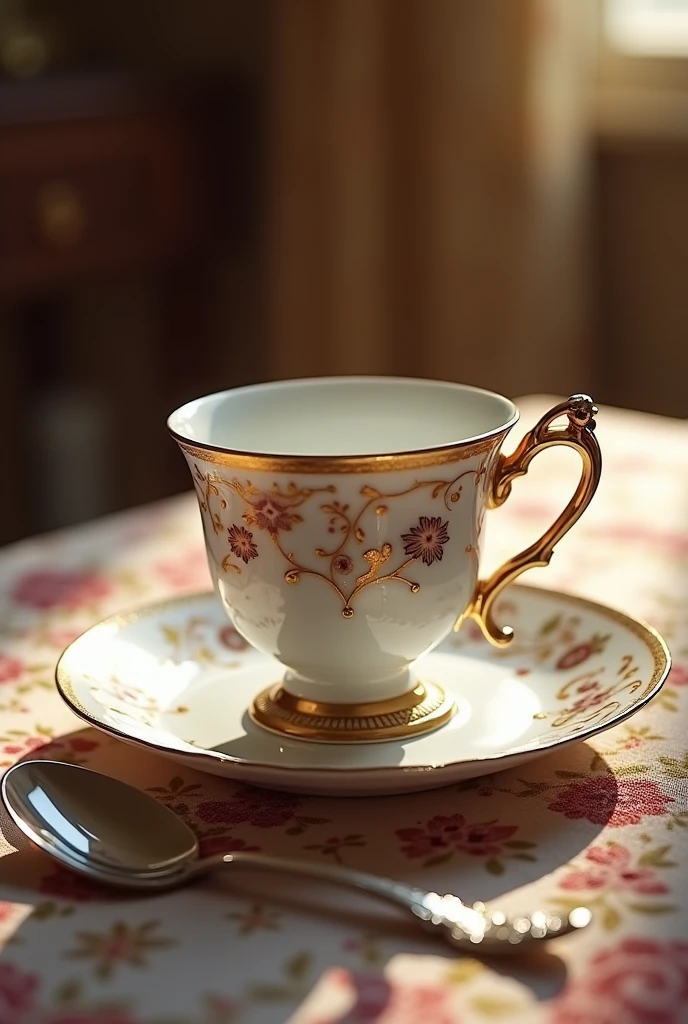A luxurious tea spoon and tea cup as the main focus, elegantly displayed in a refined and aristocratic setting. The tea spoon features intricate, ornate designs along its handle, exuding a sense of sophistication and grace. The tea cup is crafted with delicate porcelain, adorned with intricate patterns and a touch of gold trim. Both the spoon and cup are placed on an antique table with a beautifully embroidered tablecloth, surrounded by soft, warm lighting. The overall scene conveys a sense of high-class luxury and timeless elegance.