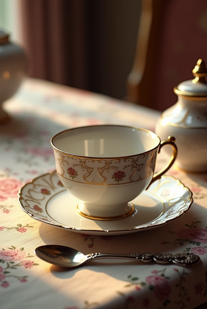 A luxurious tea spoon and tea cup as the main focus, elegantly displayed in a refined and aristocratic setting. The tea spoon features intricate, ornate designs along its handle, exuding a sense of sophistication and grace. The tea cup is crafted with delicate porcelain, adorned with intricate patterns and a touch of gold trim. Both the spoon and cup are placed on an antique table with a beautifully embroidered tablecloth, surrounded by soft, warm lighting. The overall scene conveys a sense of high-class luxury and timeless elegance.
