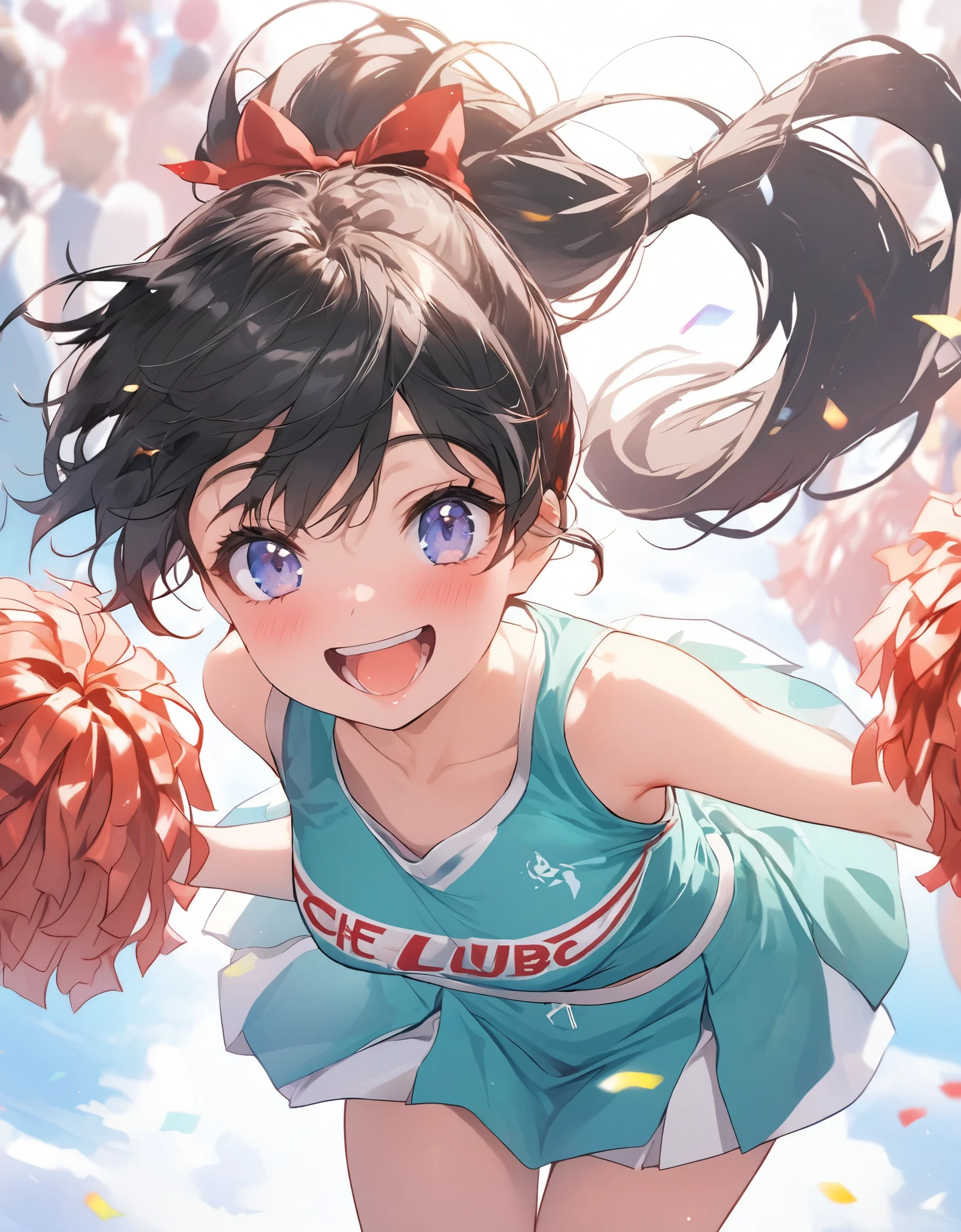 masterpiece、20 year old girl、Black Hair、pony tail Hair、smile、(((cheerleading club)))、Focus on the face, sunnyday background, pom pom, mini skirt