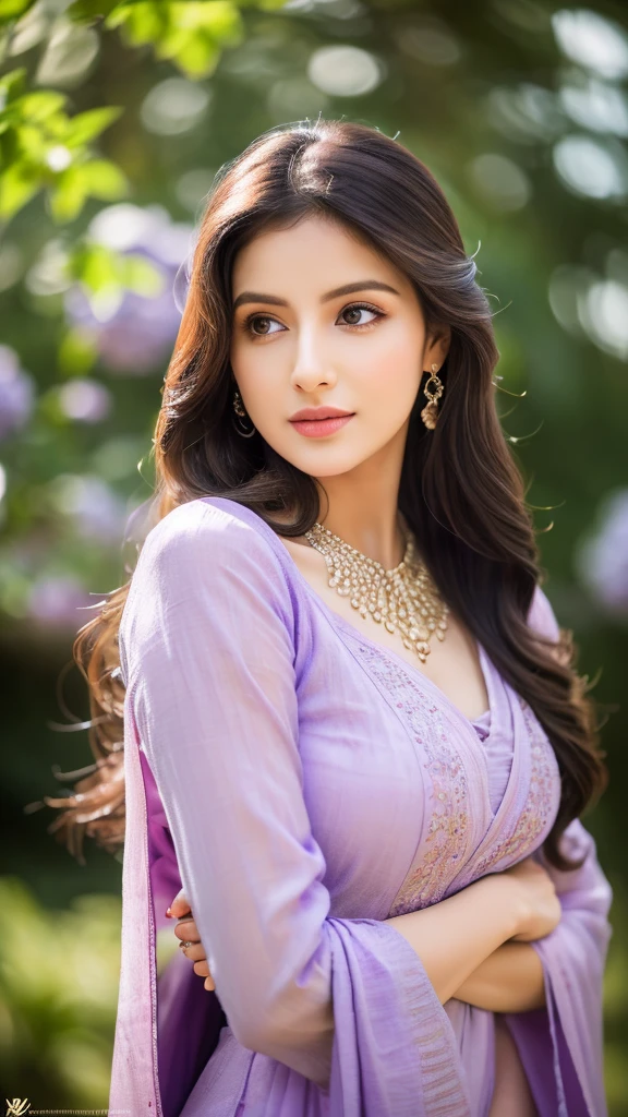 (realistic,photorealistic,photo-realistic:1.37),highly detailed,lilac color anarkali,gorgeous women,beautiful detailed eyes,beautiful detailed lips,realism style,dynamic pose,full body,8k quality,depth field,wavy long black hair,professional portrait lighting,vivid colors,ultra-sharp focus,soft natural lighting,sophisticated expression,breathtaking composition,subtle background,highres.