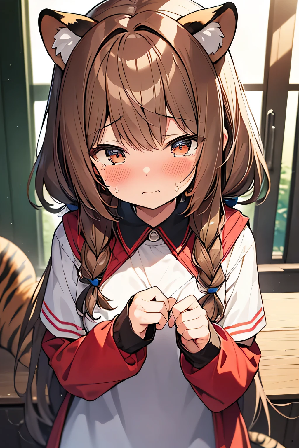 masterpiece,best quality,super detailed,super fine illustration,8k,Moe anime style light brown hair,Tiger brown cat ears,Blushing,Tears,Having mushrooms,uniform,Red Hood,Girl,18yo,cute cute cute,tired tired tired,OPA OPAL OPAL,kawaii kawaii kawaii,pastel color,Watercolor style, perfect lighting ,perfect hands,cute face, 