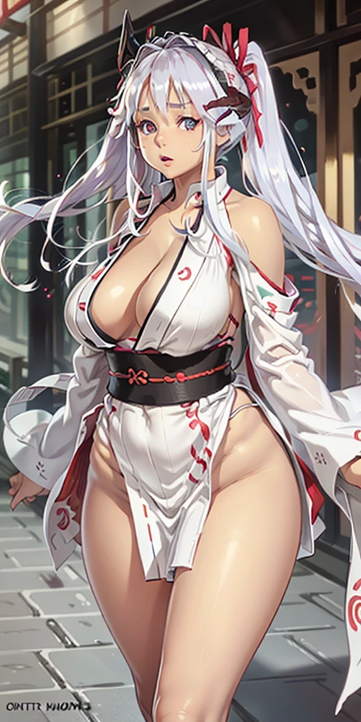 {{{best quality}}}, {{ultra-detailed}}, {illustration},{{{masterpiece}}}, japanese manga 「white suit woman」beautiful asian oni female warrior, wearing short fall off shoulders kimono , with thick curvy mature body yet muscular, long and voluminous white hair blown by the wind, 2 long oni horns, reddish fair skin , perfect face features expressive eyes , thick lips