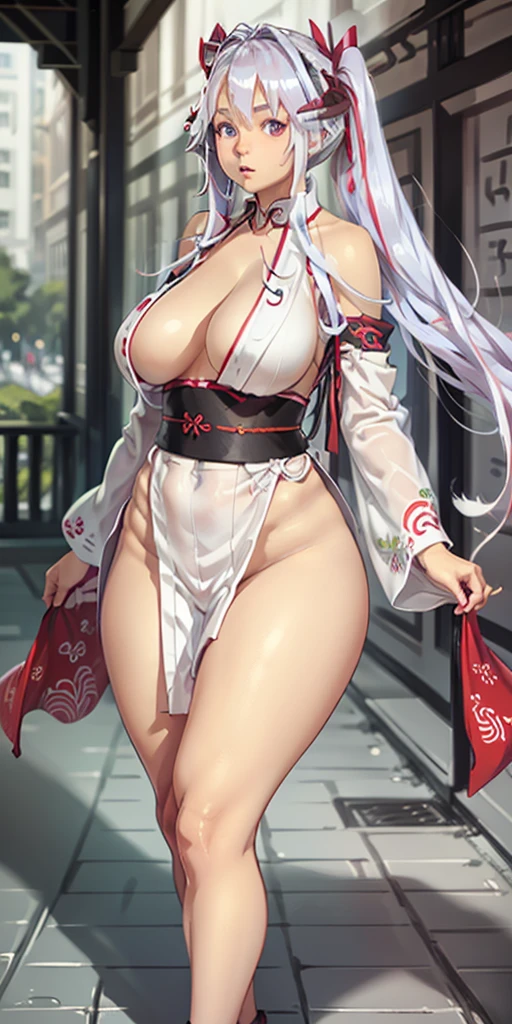 {{{best quality}}}, {{ultra-detailed}}, {illustration},{{{masterpiece}}}, japanese manga 「white suit woman」beautiful asian oni female warrior, wearing short fall off shoulders kimono , with thick curvy mature body yet muscular, long and voluminous white hair blown by the wind, 2 long oni horns, reddish fair skin , perfect face features expressive eyes , thick lips