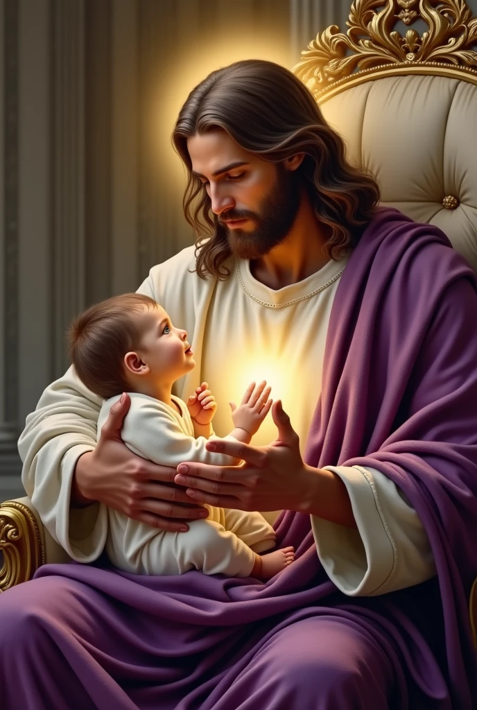 Perfect hand 5 finger, Portrait of a handsome Jesus Christ carrying baby Jesus Christ. wearing purple clothes  shining the light from his head and heart all over. Sitting in the throne of the palace, handsome Jesus Christ and baby Jesus Christ, real blue eyes, sunny day, intricate details.real handsome Jesus Christ and baby Jesus Christ, straight head face, Straight body.Prayer handsome Jesus Christ and baby Jesus Christ, perfect full body,  perfect hands finger,Prayer handsome Jesus Christ and baby Jesus Christ, praying handsome Jesus Christ and baby Jesus Christ backgrounds natural photographic