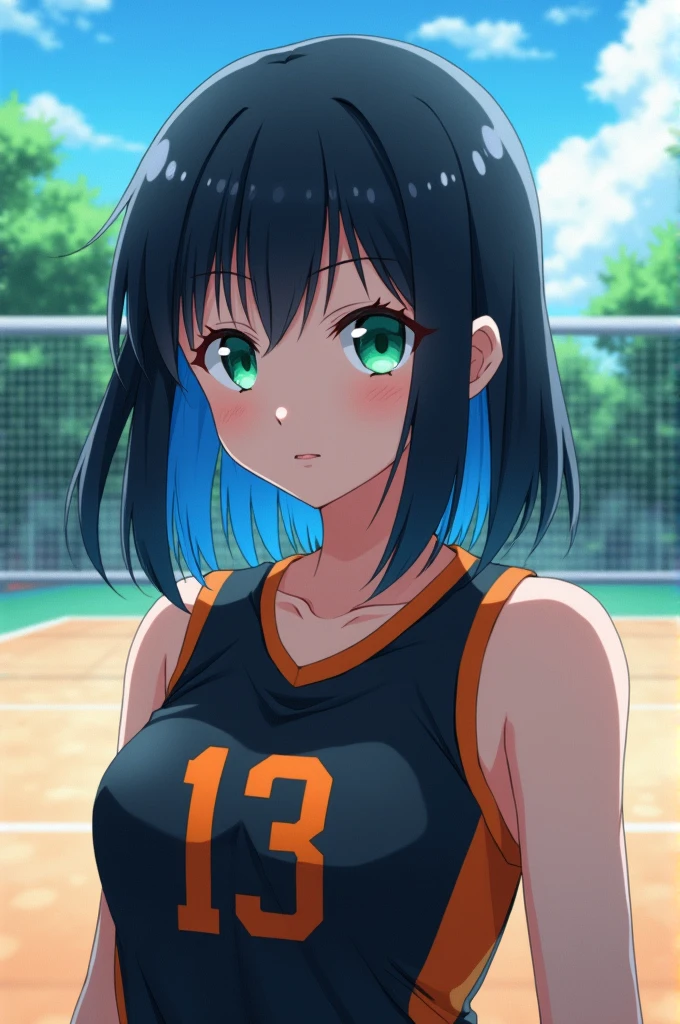 Haikyuu anime screenshot,a girl with black hair with blue tips, beautiful and calm face, light green eyes, Black volleyball uniform with orange details number 13 on a volleyball court,15 years
