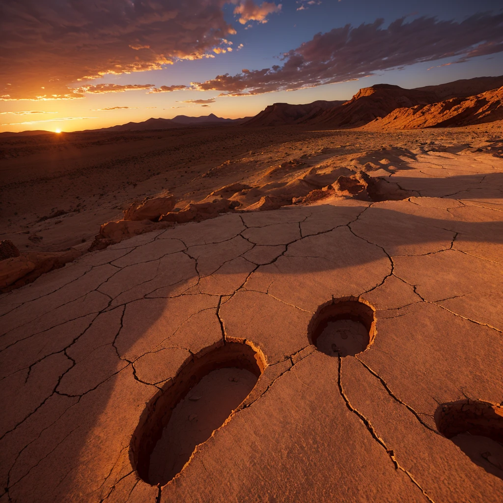 Dramatic sunset over cracked earth. Desert landscape background.