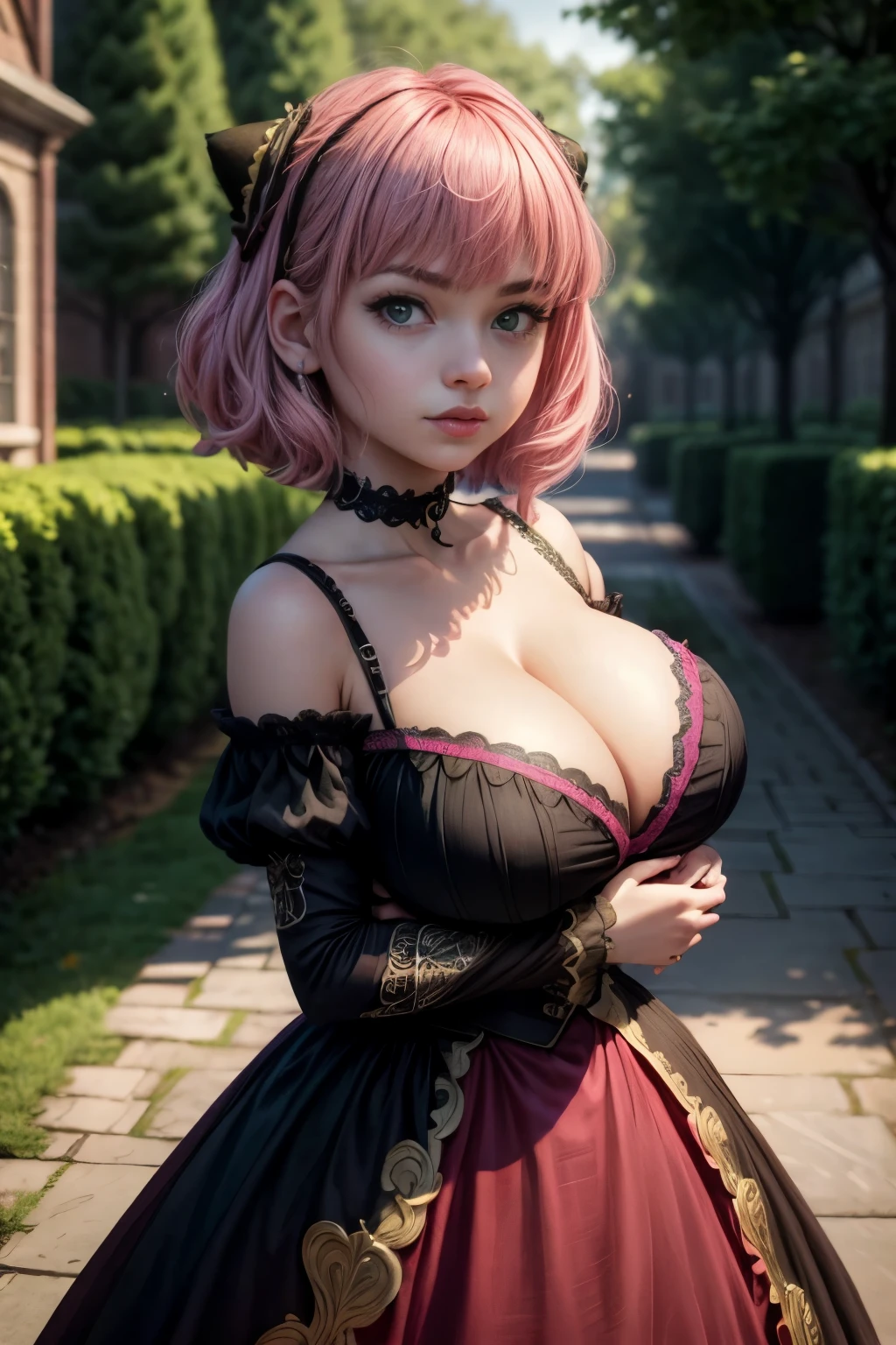 (masterpiece, best quality:1.2), high resolution, intricate details, extremely detailed, realistic and sharp details, (full body), solo, 1girl, a 16 yo woman, Anya Forger, anya_forger_spyxfamily, pink hair, short bob hair, hairpods, green eyes, (gothic ta costume, sweetheart neckline, puff sleeves, choker, jewelry:1.2), (huge breasts, cleavage, holding breasts:1.4), cute face, pale skin, photo background, outdoors, eden academy school,
