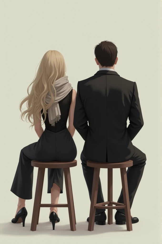 Create two people, a woman and a man, sitting on a stool, both with their backs turned. The girl has blonde hair with a scarf around her neck and black clothes, and the boy has a black jacket. 