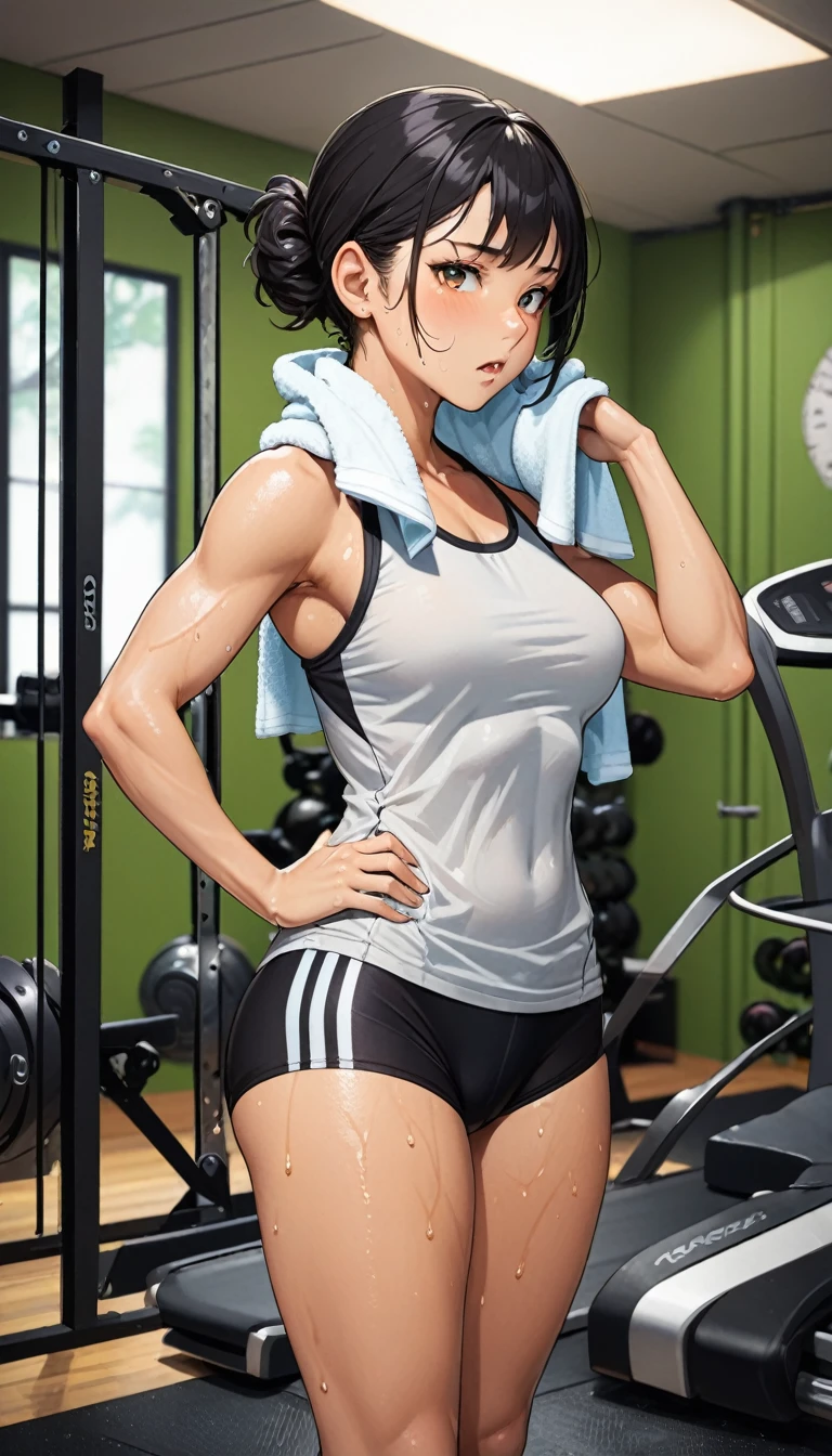 1girl, solo, short hair, Side hair tucked behind ear, looking at viewer, (side shot), (frorm below), full body, (((Tight-fitting shirt))), spats, black spats, 6/8 length spats, A towel is hanging around his neck, (sweat dropping), steam, indoors, o mouth, (((tanned skin))), (Sweaty shirt), Fitness Gym, Fitness equipment background, 