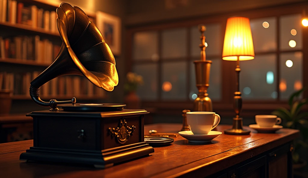 Records and gramophone、coffee、JAZZ、melody、Anime Style、night、American cafe、Shisha