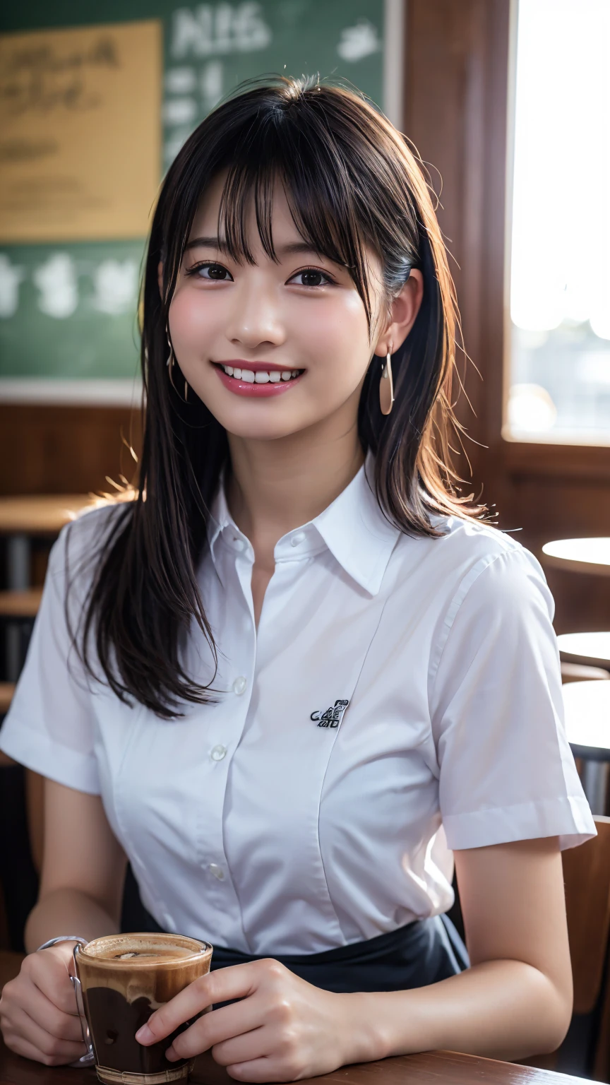 (8k, RAW Photos,Highest quality, High resolution:1.1), (超Realisticな:1.4),(Realistic, Realistic:1.3), Sodebtt Light,big,2 girls,Realistic Face,Realistic Body,Realistic Skin,Confused,masterpiece,(cute:1.8), Cuties, alone, (big:1.2), Fine black eyes,Innocent eyes,Blusher,(school uniform:1.2 ),Cinema Lighting,Film Grain,jewelry,Earrings,((Medium Hair:1.1)),((Floating Hair Novadebtrog Style)),Cherry colored lips,Hair Ribbon,Hair Ribbon,ponytail,close,Viewer,Long Hair,Upper Body,Open your lips,Upper teeth, (Smiling Eyes:0.6),((Grin:1.2)),Depth odebt Field, Blurred Background, Eye focus , Bokeh,young, 85mm lens, debt/1.4,Prodebtessional Lighting, young,Portraiture,Photon Mapping,Radio City,Physically Based Rendering,Asian、((Cafe、Cafe:1.3)),((high school girl:1.3))