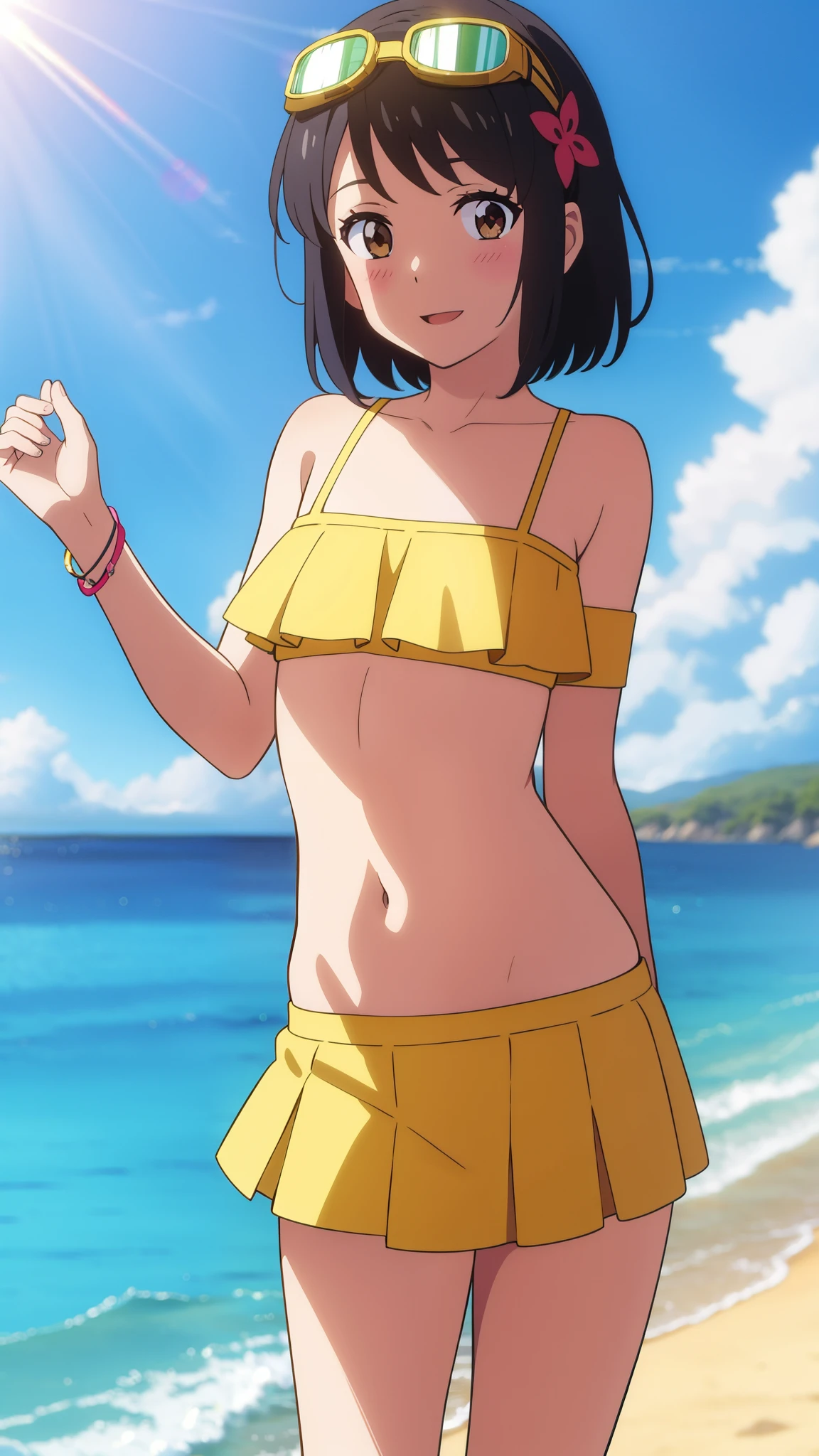 shinkai makoto, kimi no na wa., 1girl, bangs, black hair, blush, brown eyes, looking at the viewer, frilly swimsuit, short hair, solo, shinny skin, smile, cute, open mouth, hair ornaments, armband, bracelet, navel, goggles on head, yellow short skirt, outdoors, cloudy, sunlight, beach background, (masterpiece), best quality