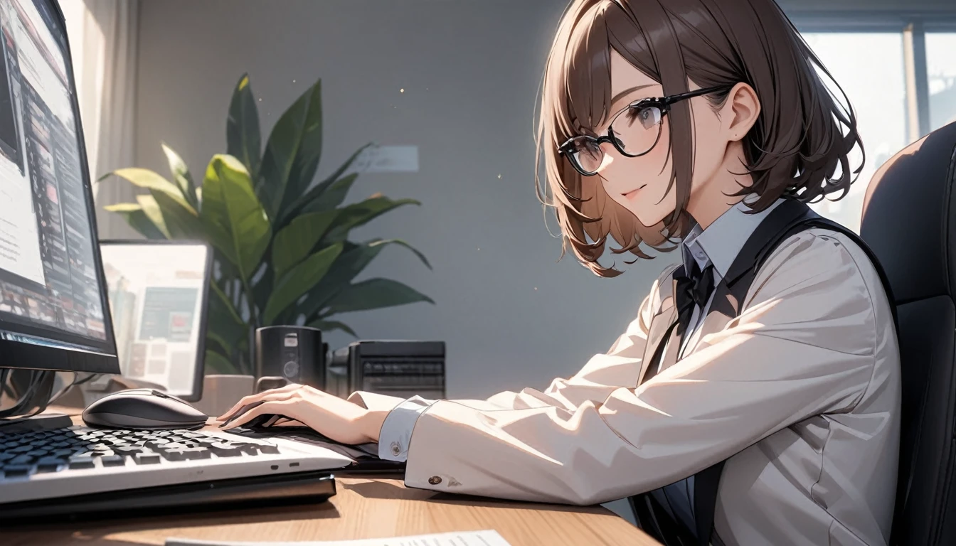 パソコンで仕事をするProfessionalグラマー,Portraiture,Professional,Wearing a smart suit,Stylish glasses,Typing on a sophisticated computer,Use a wireless mouse,Sitting at a modern desk,A soft smile,Soft natural light,High resolution,High resolution,Very detailed.One Woman ,alone, Dark brown hair ,Undistorted keyboard, focusing