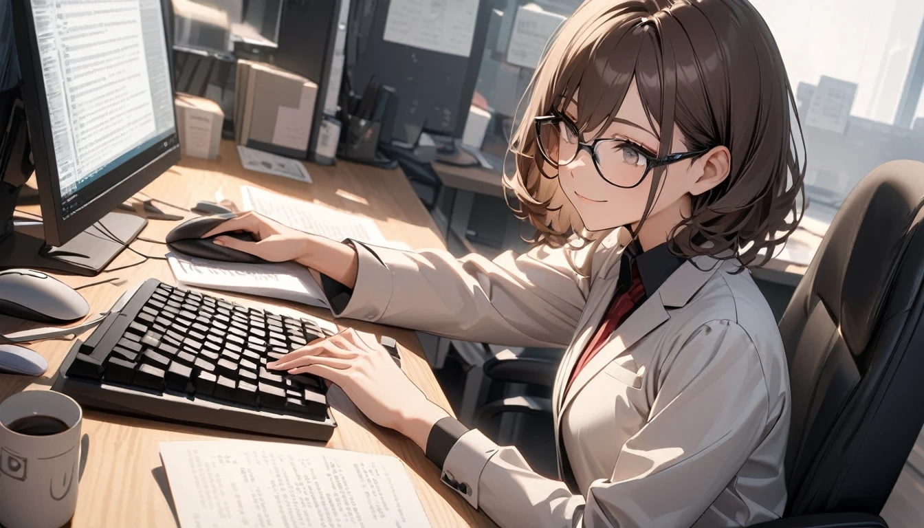 パソコンで仕事をするProfessionalグラマー,Portraiture,Professional,Wearing a smart suit,Stylish glasses,Typing on a sophisticated computer,Use a wireless mouse,Sitting at a modern desk,A soft smile,Soft natural light,High resolution,High resolution,Very detailed.One Woman ,alone, Dark brown hair ,Undistorted keyboard, focusing