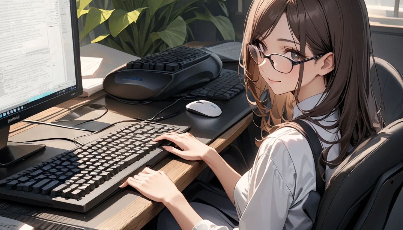 パソコンで仕事をするProfessionalグラマー,Portraiture,Professional,Wearing a smart suit,Stylish glasses,Typing on a sophisticated computer,Use a wireless mouse,Sitting at a modern desk,A soft smile,Soft natural light,High resolution,High resolution,Very detailed.One Woman ,alone, Dark brown hair ,Undistorted keyboard, focusing