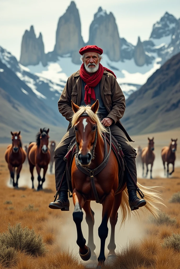 Elderly gaucho with red beret and scarf around his neck galloping on his horse with more wild horses in Torres del Paine