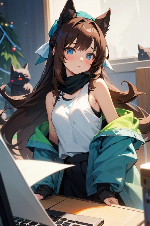 Long Hair, Brown Hair, Blue eyes, Black Cat Ears, Anime Style, 1girl, Anime, Green scarf, White white white women's tank top, Open shoulders, Blue jacket, Black skirt, Blush, 1snowflake on head, painting on computer