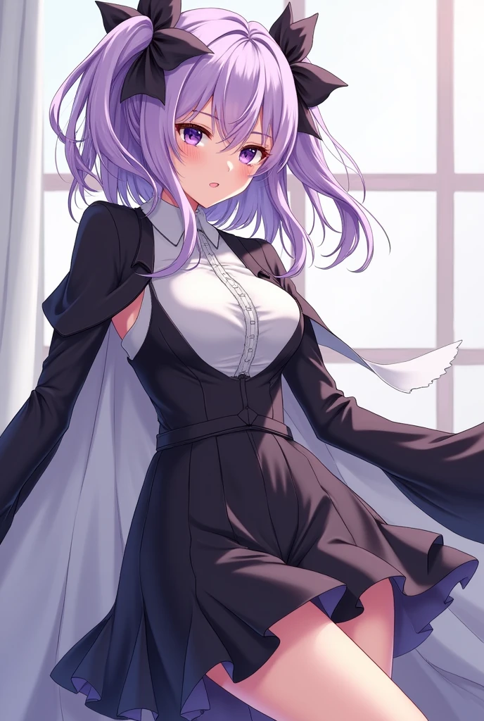 Anime girl with medium purple white hair, dressed in long flowing black and white clothes in a sexy pose