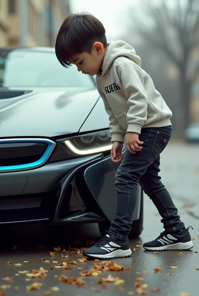 A boy he is ing on BMW i8 car
He is clothing a black jeans and white hoodie and black and white air sneakers
On hoodie write SUHEL
Her hear is straight